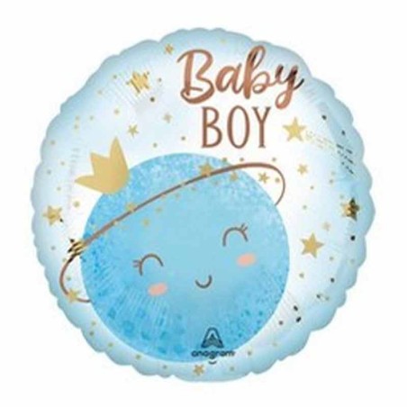 Palloncino in Foil 9" Mini Shape Luna con Corona "Little Moon Boy" Nascita e Battesimo
