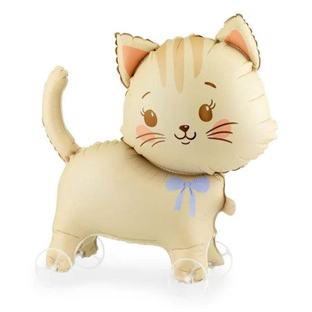 Palloncino in Foil 28" Gattino Beige con Fiocchetto su Ruote Festa Tema Gatto "Cat"