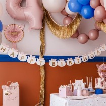 Festone Happy Birthday Gatto con Fiocco Rosa "Kitty Party" 1.8mt Festa Tema Gatto "Cat"