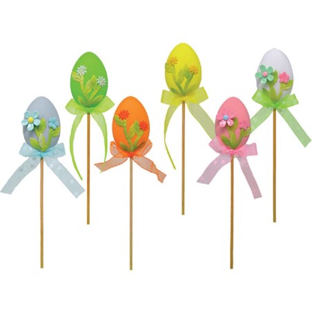 Uova di Pasqua su stecco decorate con Fiocco e Fiori 6pz Coordinati e Tavola Pasqua