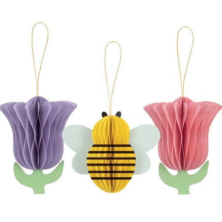 Decorazioni di Carta a Nido d'Ape di Ape e Tulipani di Primavera 3pz Addobbi e Accessori Pasqua