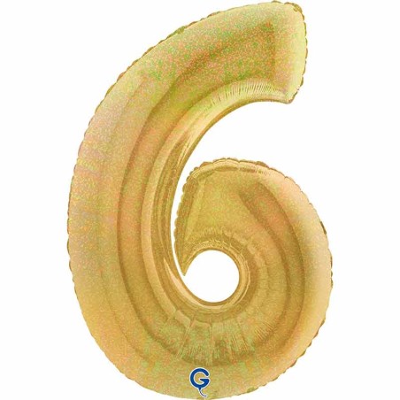 Palloncino in Foil 40" Numero 6 Oro Glitter Olografico Numeri 40" Oro Glitter Olograf."Gold"