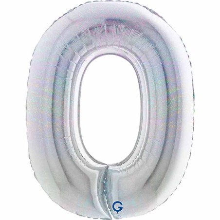 Palloncino in Foil 40" Numero 0 Argento Glitter Olografico Numeri 40" Argento Glitter Olograf."Silver"
