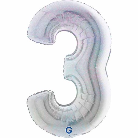 Palloncino in Foil 40" Numero 3 Argento Glitter Olografico Numeri 40" Argento Glitter Olograf."Silver"