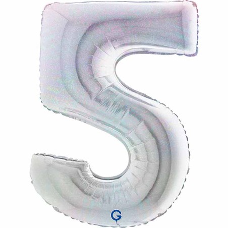 Palloncino in Foil 40" Numero 5 Argento Glitter Olografico Numeri 40" Argento Glitter Olograf."Silver"