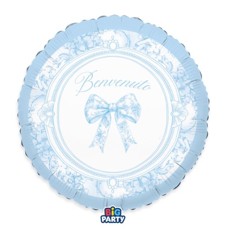 Palloncino in Foil 18" Celeste con Fiocco Vintage "Benvenuto" Palloncini Nascita Celeste