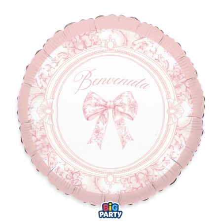 Palloncino in Foil 18" Rosa con Fiocco Vintage "Benvenuta" Palloncini Nascita Rosa