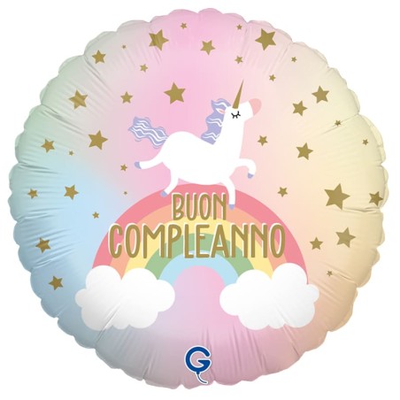 Palloncino in Foil 18" Buon Compleanno Unicorno "Pastel Unicorn" Happy Birthday Grabo