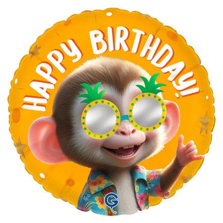 Palloncino in Foil 18" Happy Birthday Scimmia con Occhiali "Cool Monkey" Happy Birthday Grabo