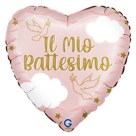 Palloncino in Foil 18" Cuore Rosa "Battesimo Bimba" Nascita e Battesimo Grabo
