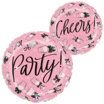 Palloncino in Foil 18" Rosa con Calici con Fiocco Nero "Party! Cheers!" Happy Birthday Grabo