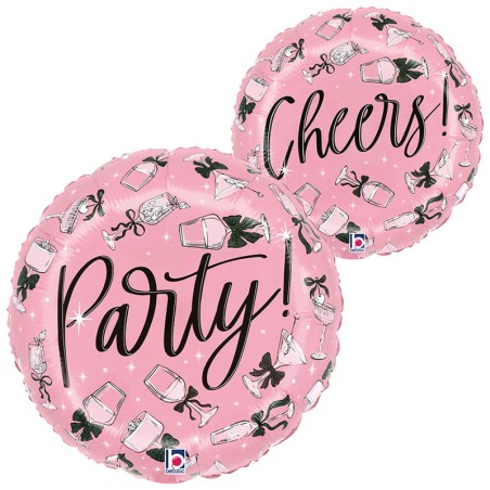 Palloncino in Foil 18" Rosa con Calici con Fiocco Nero "Party! Cheers!" Happy Birthday Grabo