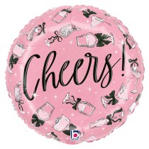 Palloncino in Foil 18" Rosa con Calici con Fiocco Nero "Party! Cheers!" Happy Birthday Grabo