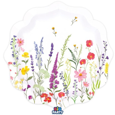 Piatto di Carta 25cm Bianco con Fiori di Campo 6pz Fiori di Campo