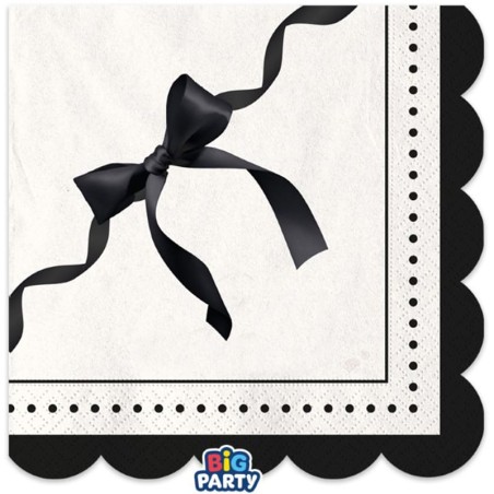 Tovagliolo di Carta 33x33cm Smerlato Avorio con Fiocco Nero "Très Chic" 16pz