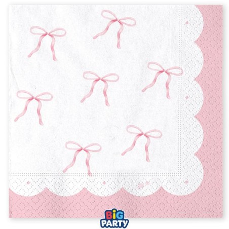 Tovagliolo di Carta 33x33cm Bianco con Fiocchi Rosa "Pink Bow Party" 16pz