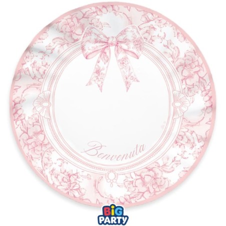 Piatto di Carta 25cm Nascita Rosa con Fiocco Vintage "Benvenuta" 6pz