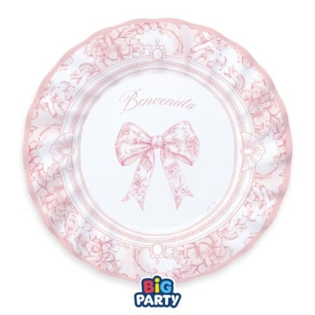 Piatto di Carta 20cm Nascita Rosa con Fiocco Vintage "Benvenuta" 6pz