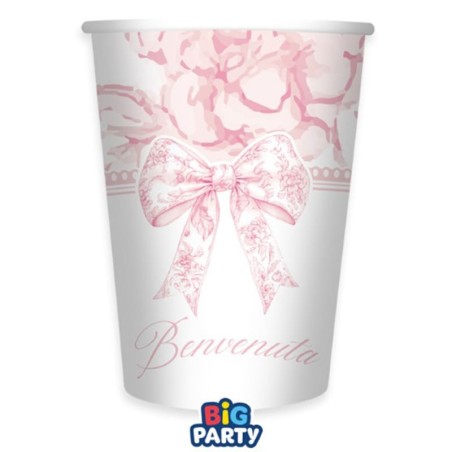 Bicchiere di Carta 250ml Nascita Rosa con Fiocco Vintage "Benvenuta" 6pz