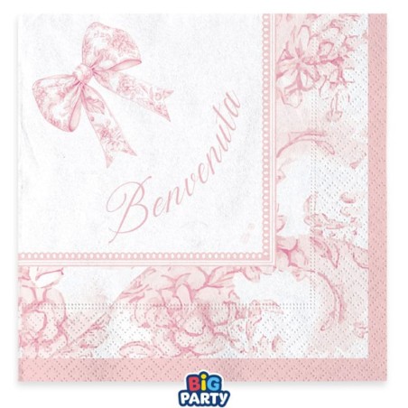 Tovagliolo di Carta 33x33cm Nascita Rosa con Fiocco Vintage "Benvenuta" 16pz