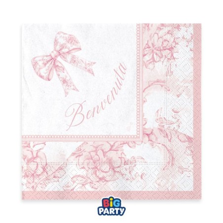Tovagliolino di Carta 25x25cm Nascita Rosa con Fiocco Vintage "Benvenuta" 16pz