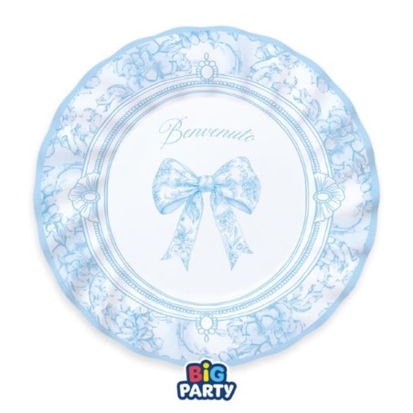 Piatto di Carta 20cm Celeste con Fiocco Vintage "Benvenuto" 6pz