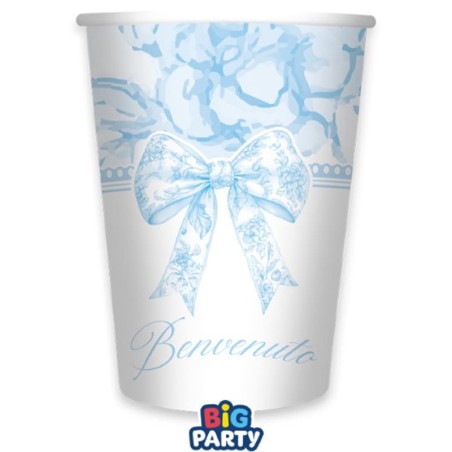 Bicchiere di Carta 250ml Celeste con Fiocco Vintage "Benvenuto" 6pz