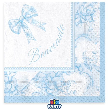 Tovagliolo di Carta 33x33cm Celeste con Fiocco Vintage "Benvenuto" 16pz