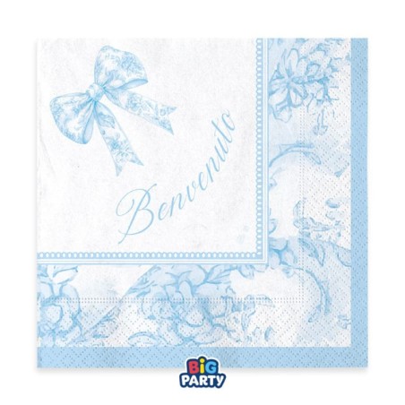 Tovagliolino di Carta 25x25cm Celeste con Fiocco Vintage "Benvenuto" 16pz