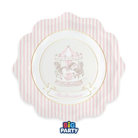 Piatto di Carta Smerlato 20cm Battesimo Carillon Rosa con Giostrina 6pz