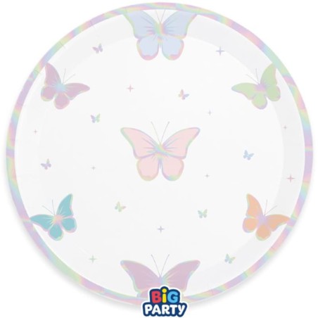 Piatto di Carta 22cm Farfalle Pastello Iridescenti "Butterfly" 6pz Festa Tema Farfalla