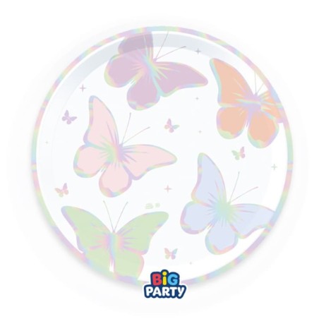 Piatto di Carta 18cm Farfalle Pastello Iridescenti "Butterfly" 6pz Festa Tema Farfalla