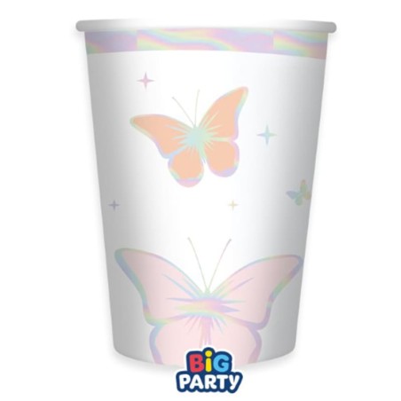 Bicchiere di Carta 250ml Farfalle Pastello Iridescenti "Butterfly" 6pz Festa Tema Farfalla