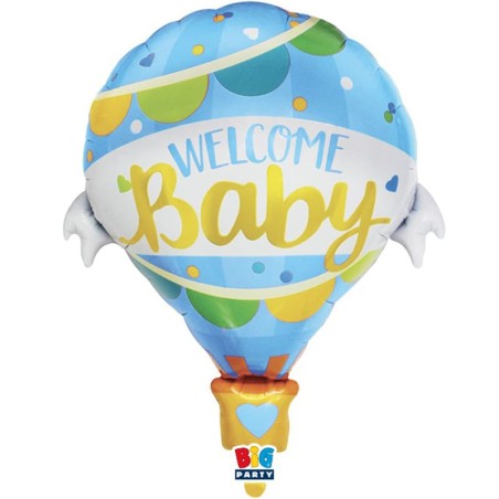 Palloncino in Foil 30" Mongolfiera Nascita Celeste "Welcome Baby" Palloncini Nascita Celeste