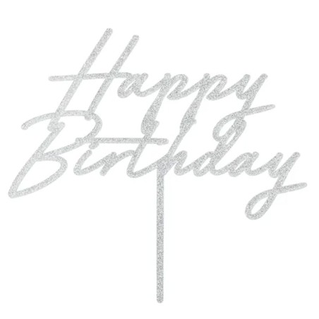 Cake Topper di Plastica 18cm Happy Birthday Glitter Argento Elegant Milestone Birthday