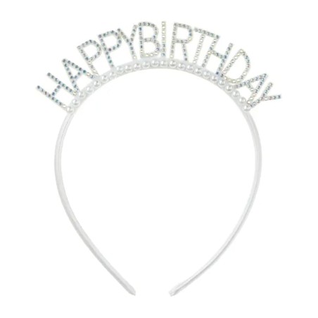 Cerchietto per Capelli Bianco con Strass e Perle "Happy Birthday" Cerchietti e Tiare