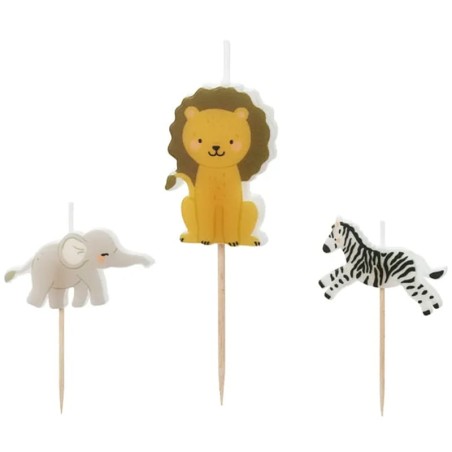 Candelina Safari nella Savana con Leone, Elefante e Zebra 3pz