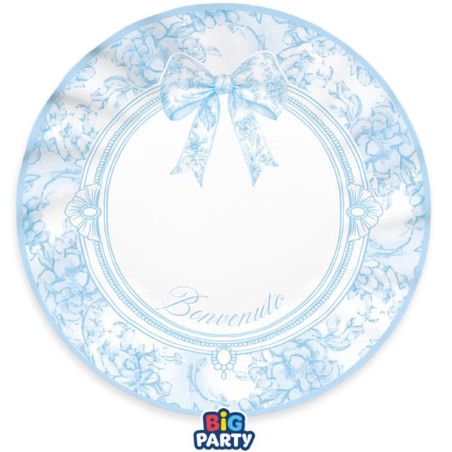 Piatto di Carta 25cm Celeste con Fiocco Vintage "Benvenuto" 6pz