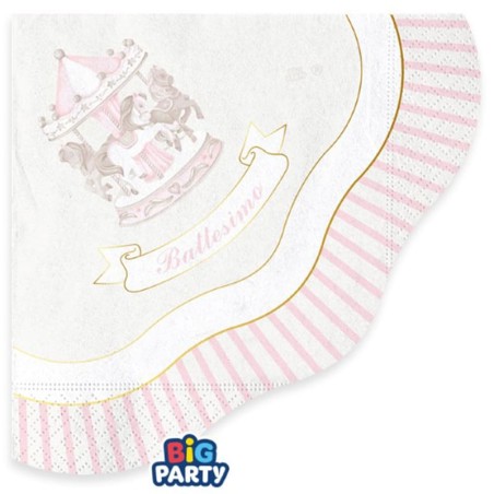 Tovagliolino di Carta 25x25cm Battesimo Carillon Rosa con Giostrina 16pz