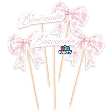 Mini Cake Topper di Carta Nascita con Fiocco Vintage "Benvenuta" 5pz