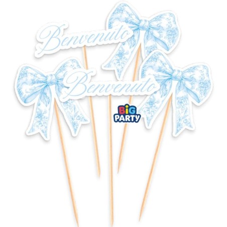 Mini Cake Topper di Carta Nascita con Fiocco Vintage "Benvenuto" 5pz