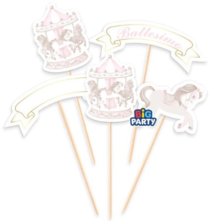 Mini Cake Topper di Carta Battesimo Carillon Rosa con Giostrina 5pz Accessori Tavola Battesimo Rosa
