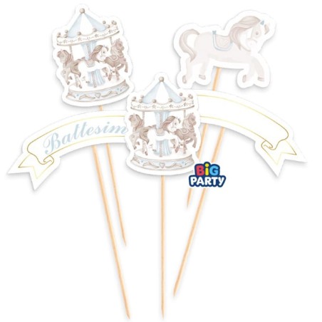 Mini Cake Topper di Carta Battesimo Carillon Celeste con Giostrina 5pz