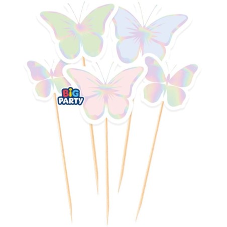 Mini Cake Topper di Carta Mix Farfalle Pastello Iridescenti "Butterfly" 5pz Festa Tema Farfalla