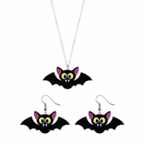 Set Collana e Orecchini Argento per Halloween con Simpatici Pipistrelli 3pz Accessori Persona Halloween