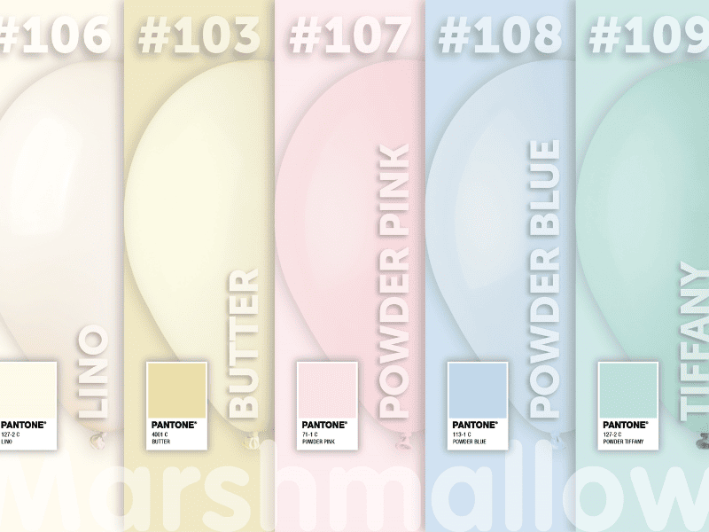 grafica della palette dei nuovi colori gemar Balloons: lino 106, powder pink 107, powder blue 108, tiffany 109, burro 103