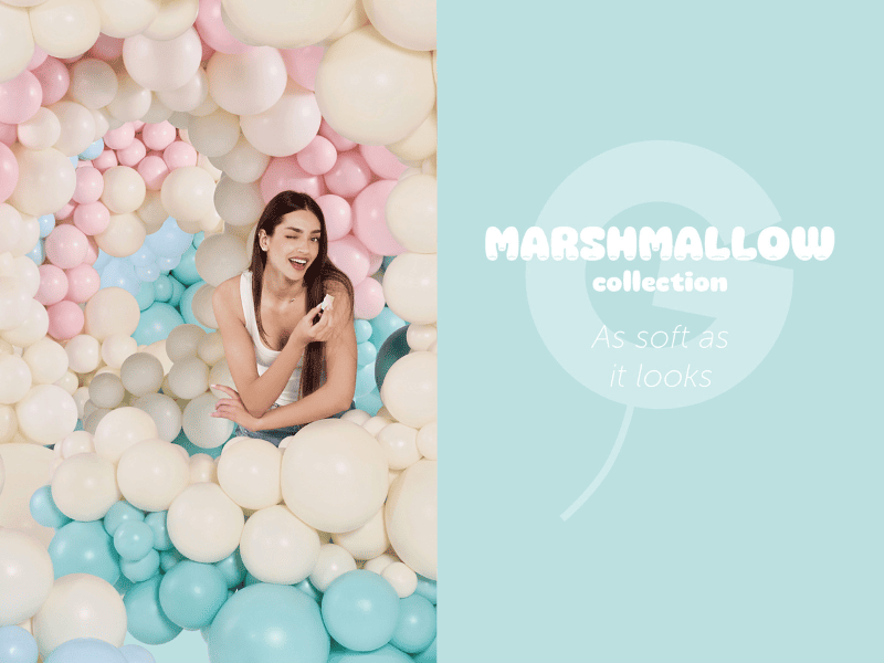 grafica ufficiale del lancio della nuova linea di palloncini in lattice Gemar: si chiama Marshmallow Collection