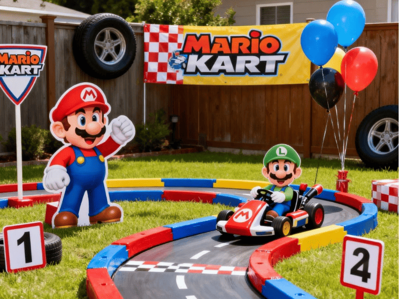 festa super mario in giardino con percorso gioco mario kart e decorazioni per compleanno bambini